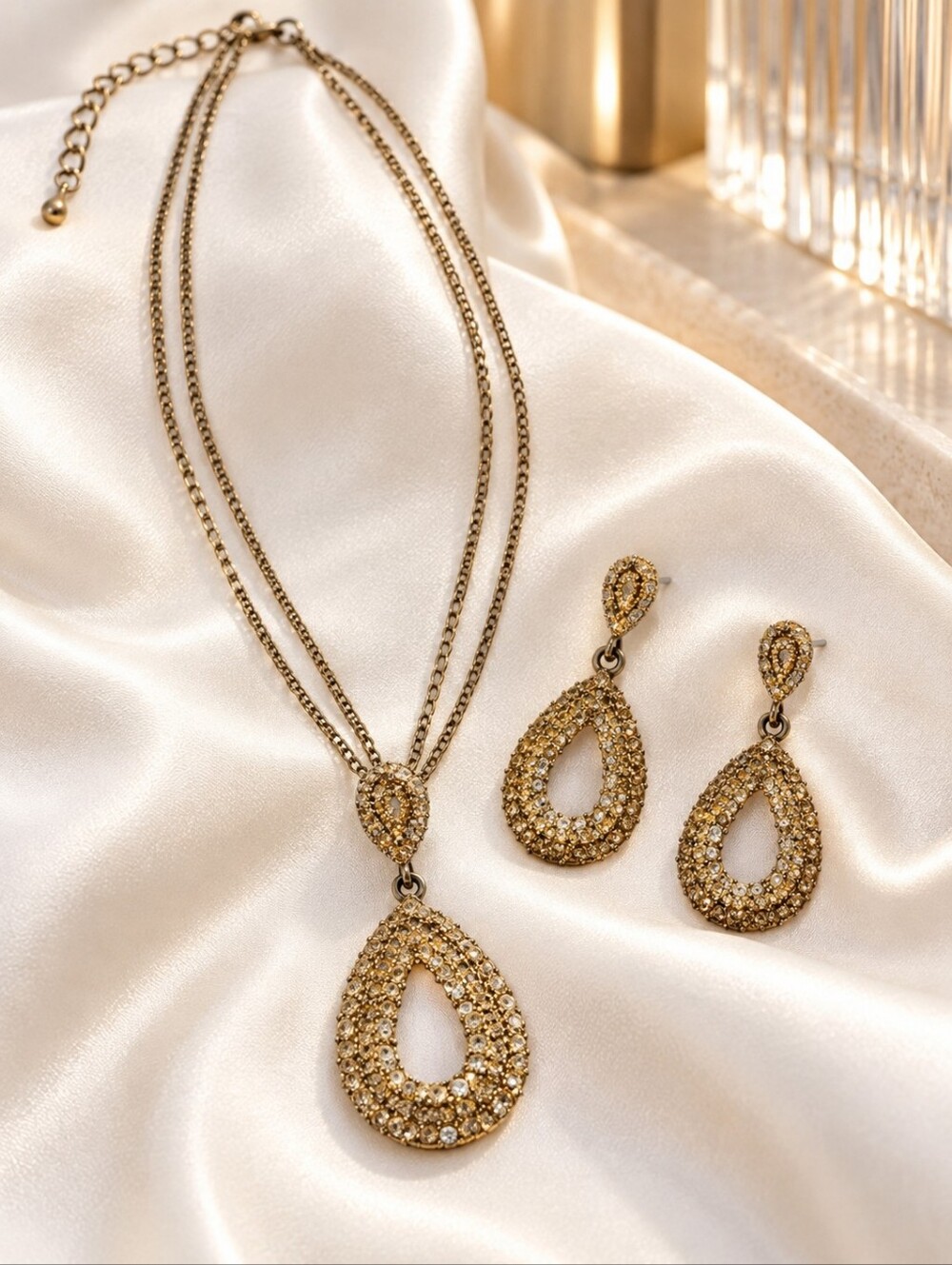 Elegance by Carbonneau Gold Rhinestone Teardrop Necklace Earrings Set